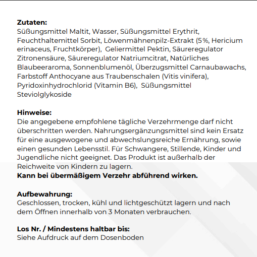 Löwenmähne + Vitamin B6 Gummies - 60 Stk.