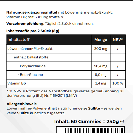 Löwenmähne + Vitamin B6 Gummies - 60 Stk.